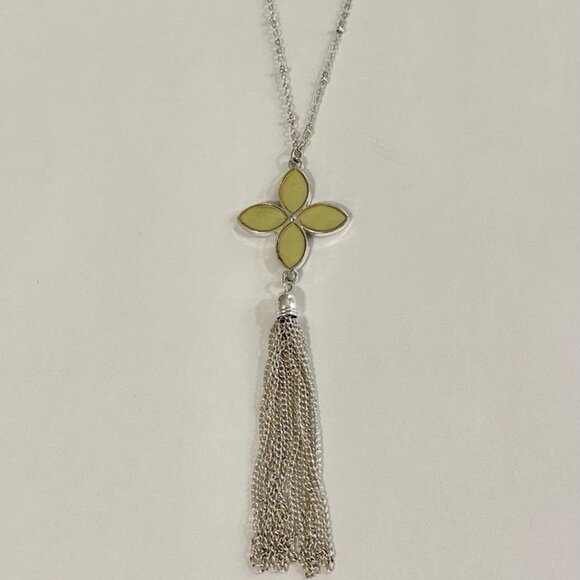 Silver 32" Necklace w/ 4-Petal Quatrefoil Yellow Enamel Flower Pendant & Tassel - Picture 2 of 4